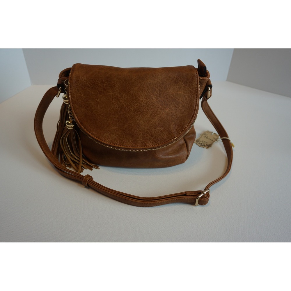 Alyssa Los Angeles Cognac Brown Faux Leather Tassel Crossbody Bag Saddle Purse